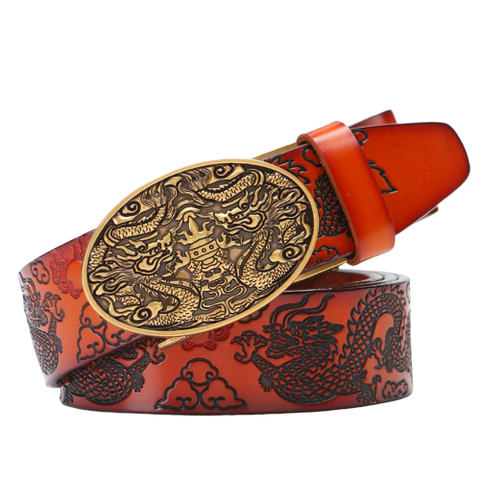 Ceinture Dragon<br> Homme en Cuir Rouge - Dragon-chinois