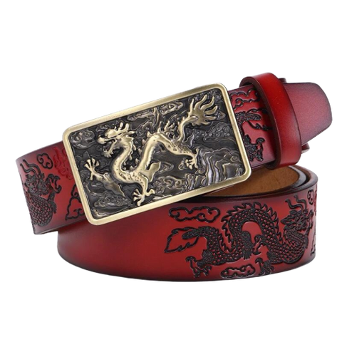 Ceinture Dragon<br> Fine en Cuir Rouge - Dragon-chinois