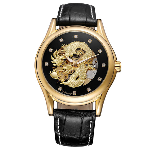 Montre dragon<br> Bracelet Cuir Noir Femme - Dragon-chinois