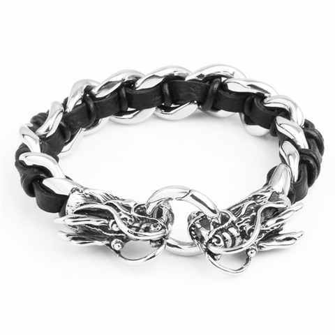 Bracelet Dragon<br> Cuir "Acier" - Dragon-chinois