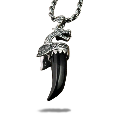Pendentif Dragon<br> Dent en Onyx "Argent" - Dragon-chinois