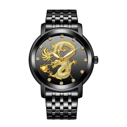 Montre dragon<br>Bracelet Acier Noir Femme - Dragon-chinois