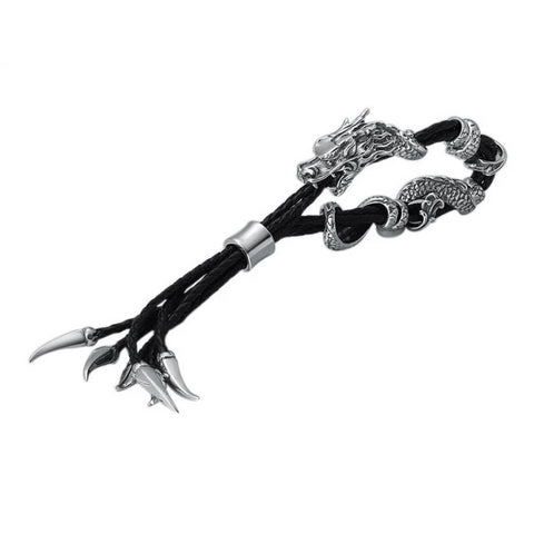 Bracelet Dragon<br> Tressé 3 Fils en Cuir "Argent" - Dragon-chinois
