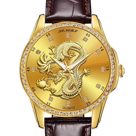 Montre Dragon<br> Bracelet en Cuir Marron - Dragon-chinois