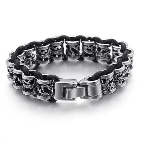 Bracelet Dragon <br> Cuir Homme "Acier" - Dragon-chinois