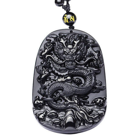 Collier Dragon<br> Obsidienne Brute - Dragon-chinois