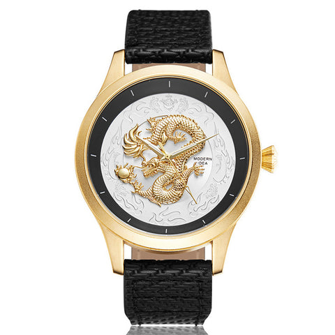 Montre dragon<br> Bracelet Cuir Noir - Dragon-chinois