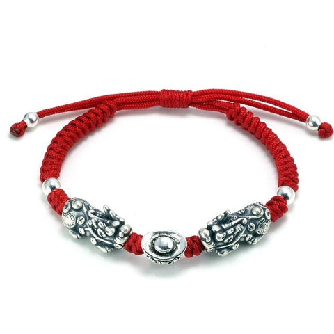 Bracelet Dragon<br> Rouge Tressé pour Homme " Argent" - Dragon-chinois