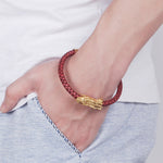 Bracelet Dragon<br> Or Tressé en Cuir "Argent" - Dragon-chinois