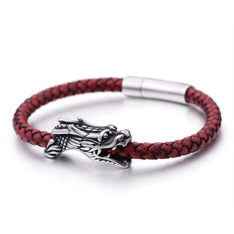 Bracelet Dragon<br> Or Tressé en Cuir "Argent" - Dragon-chinois