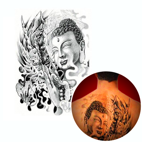 Tatouage éphémère<br> Dragon Bouddha Noir et Gris "Dos" - Dragon-chinois